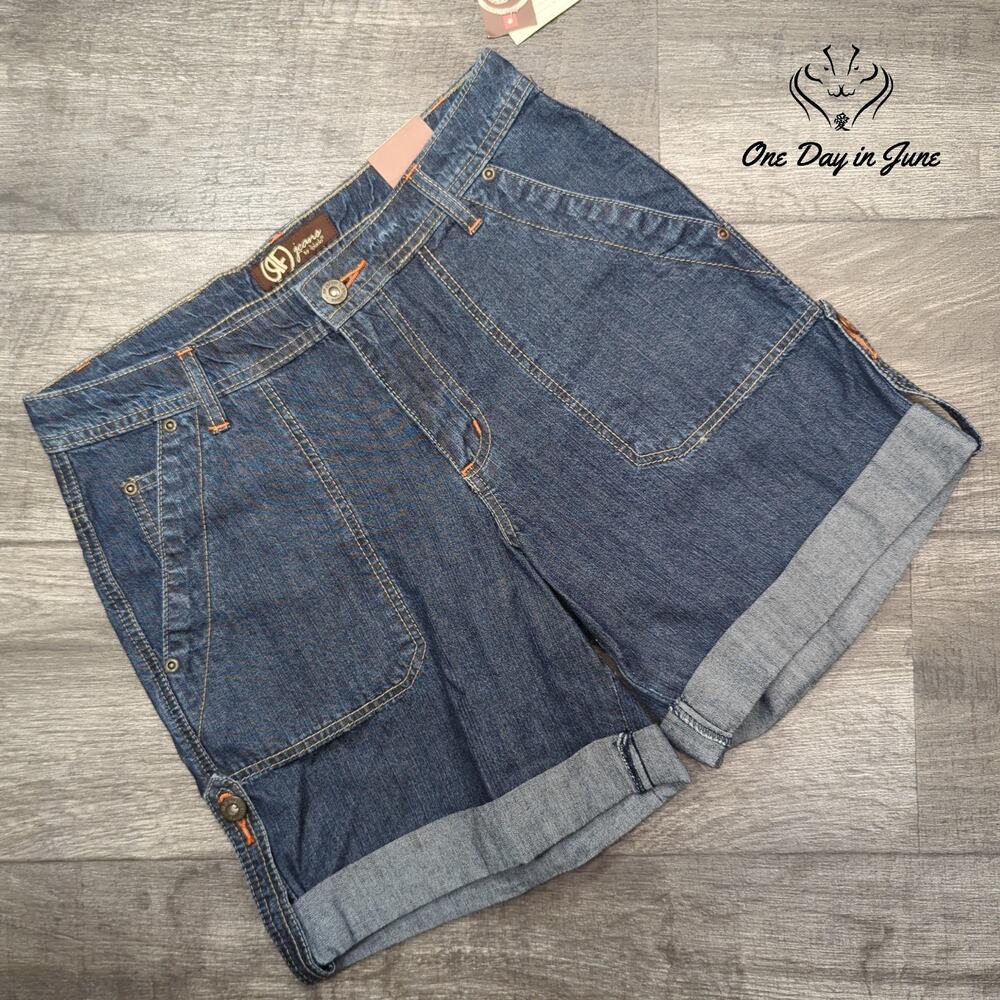 RF Jeans Slub Denim Cuffed Jean Shorts Blue Orange Stitch NWT Size 6